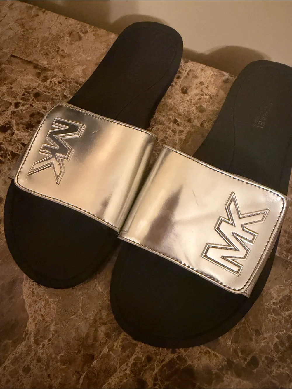 Michael Kors Women’s Metallic Silver Slides Velcro closure! - Picture 3 of 6